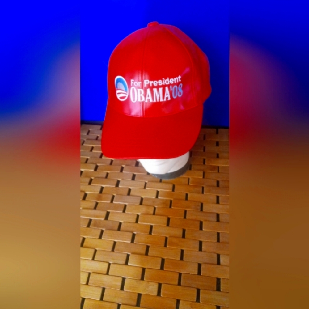 OBAMA 08 Red 'For President' Embroidered Baseball Cap leather rare one